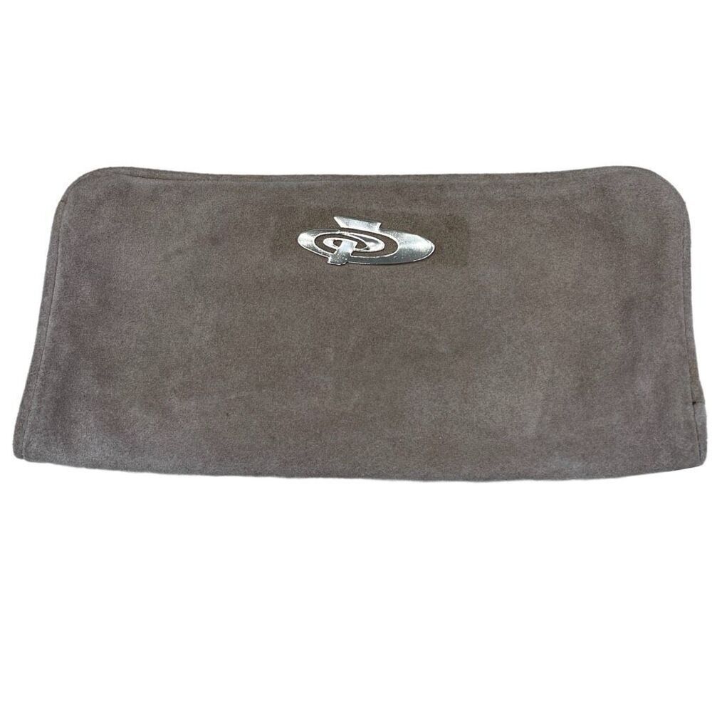Vintage Montgomery Ward taupe suede fold over clutch.
